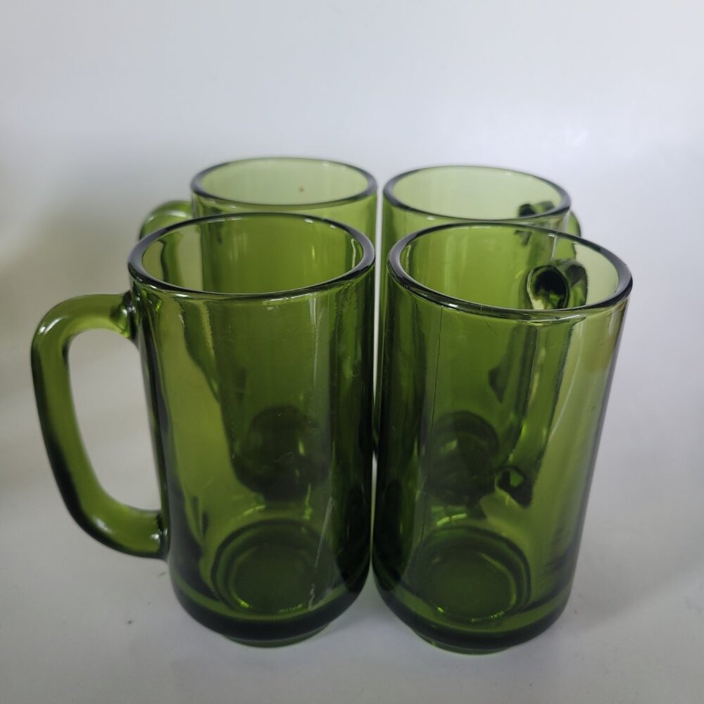 Unique MCM Mid Century Modern Glass Handled Beer Mugs Small Set of 4 Green